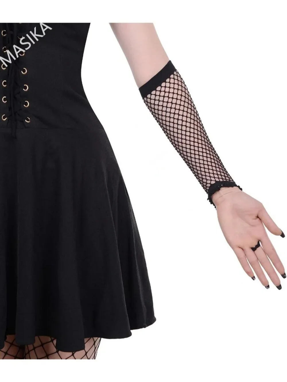 Women's Black Long Fishnet Fingerless Mesh Scalloped Edge Gothic Gloves